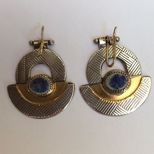 Unique  Etched Sterling Silver, 18K Gold with Faceted Lapis Luzuli Gemstone